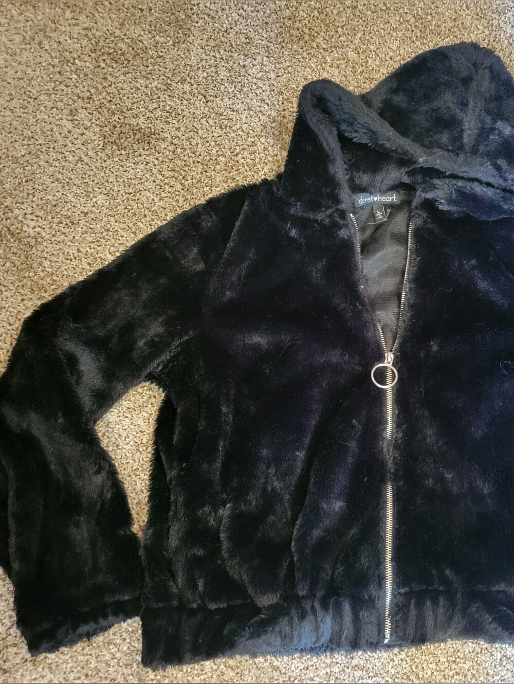 Derek Heart Black Faux Fur Hooded Teddy Jacket with Ring Zip Light Weight